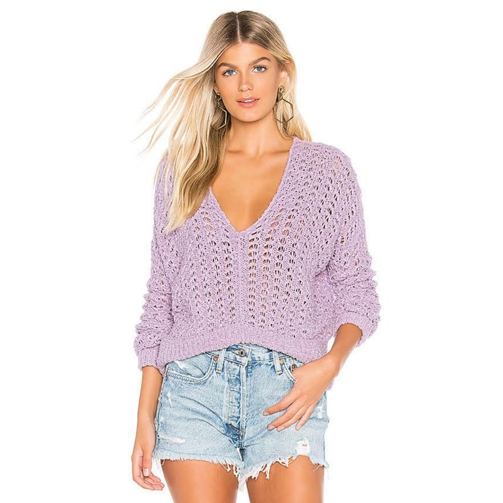 FREE PEOPLE Sweater Lavender Purple V Neck Ribbon Knit L